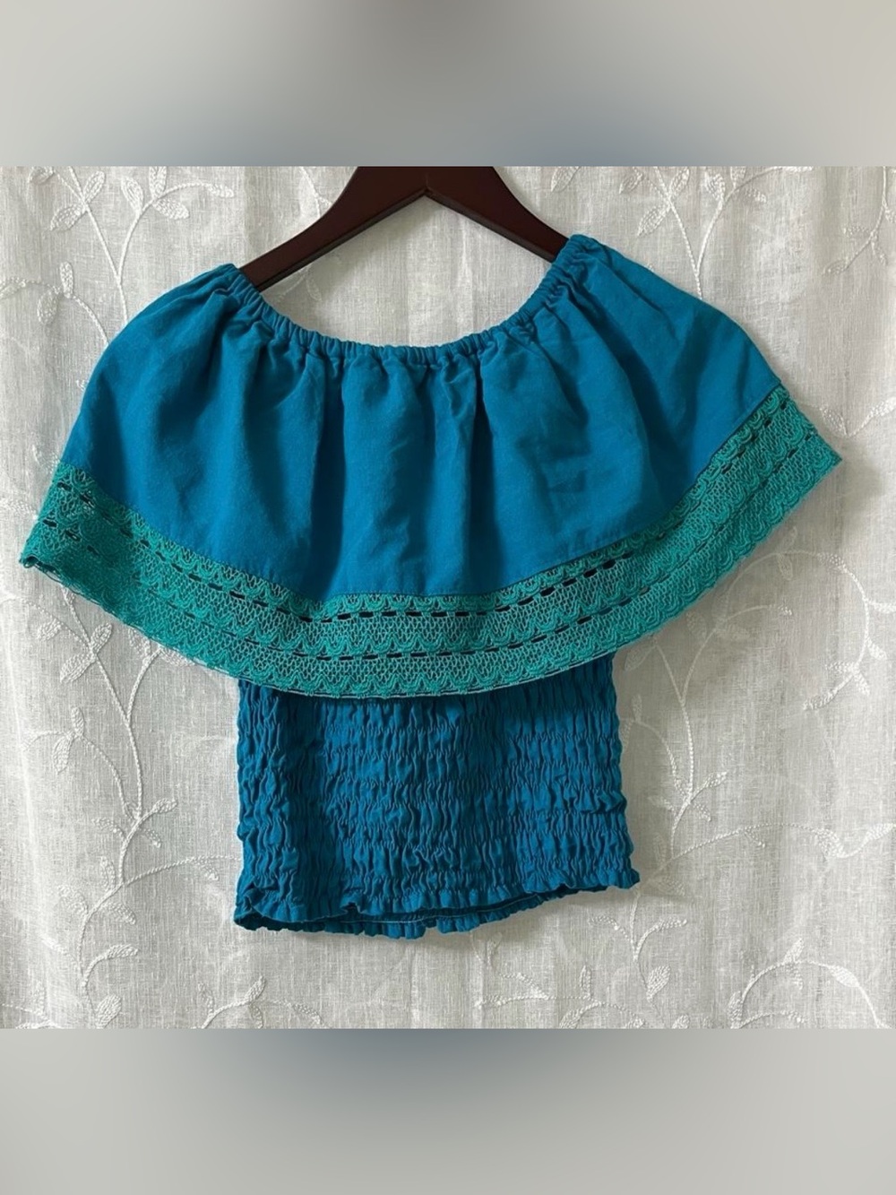 Turquoise Embroidered Off-Shoulder Top Size Small - Picture 2 of 6